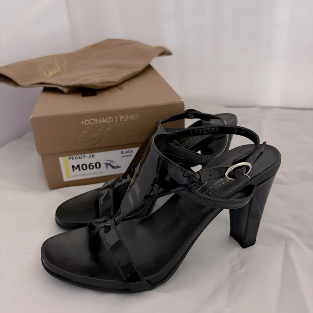 Donald J. Pliner size 6 M Black Patent leather sandal with 3 inch heel